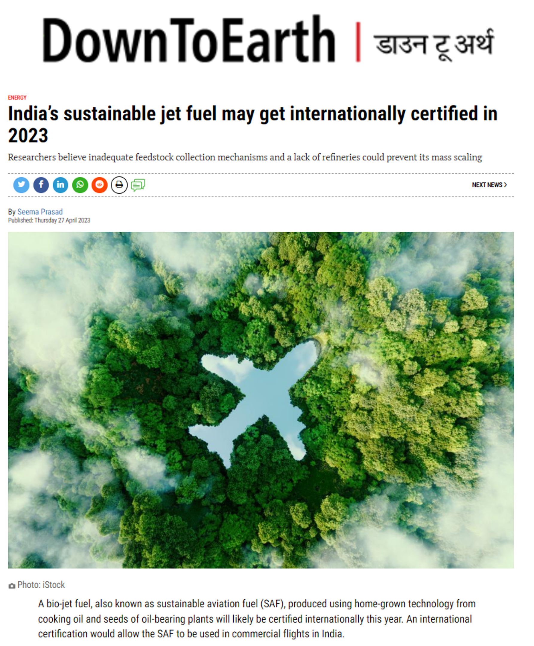 Kaveri Ashok and Ramya Natarajan quoted by Down To Earth on bio-jet fuel